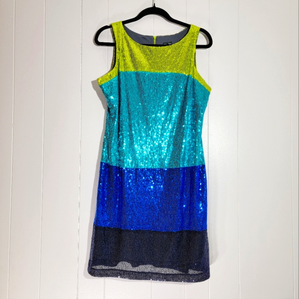 Gabby Skye Sleeveless Sequin Colorblock Ombre Dress Blue Green Size 14